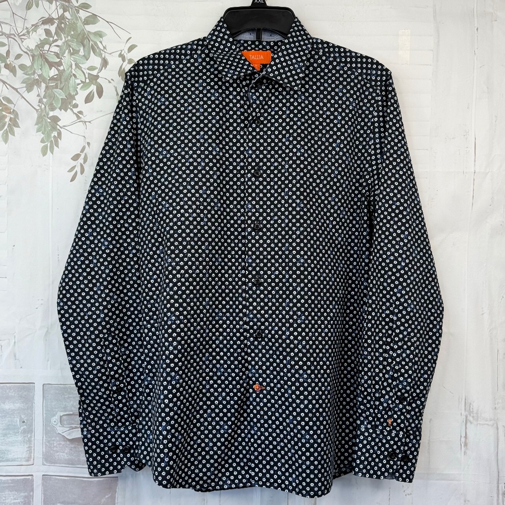 Tallia Mens Blue Starburst Collard Button Up Dress Up Shirt Sz. Medium M 15 1/2